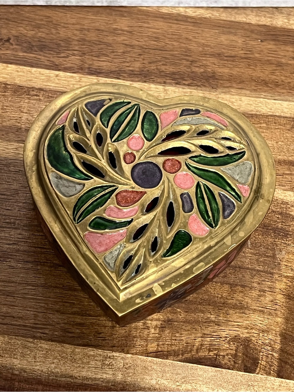 Vintage heart-shaped brass cloisonné trinket box